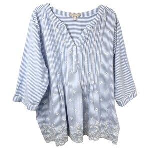 Woman Within Light Blue and White Striped Embroidered Tunic Top